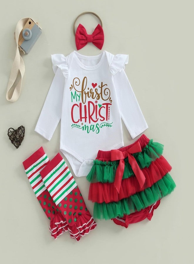 Mobbdow My First Christmas Baby Girl Outfit Newborn Ruffle Long Sleeve Romper Tutu Skirt Leg Warmers Headband 4Pcs Sets (A-White, 9-12 Months) - Image 3
