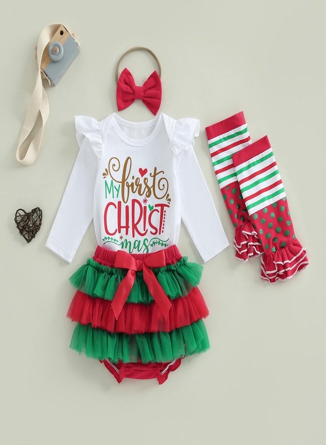 Mobbdow My First Christmas Baby Girl Outfit Newborn Ruffle Long Sleeve Romper Tutu Skirt Leg Warmers Headband 4Pcs Sets (A-White, 9-12 Months) - Image 4