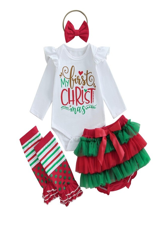 Mobbdow My First Christmas Baby Girl Outfit Newborn Ruffle Long Sleeve Romper Tutu Skirt Leg Warmers Headband 4Pcs Sets (A-White, 9-12 Months) - Image 1