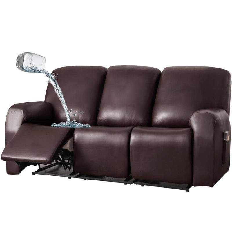 JOKIVTOU 123 Seats PU Leather Stretch Recliner Cover Sofa Cover with Side Pockets Waterproof Slipcover Recliner Couch Cover Furniture Protector with Elastic Bottom Living Room