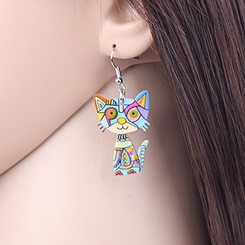 BONSNY Acrylic Drop Cat Earrings Pets Funny Design 7 Color Lovely Gift For Women By The Bonsny (Blue) - Image 4