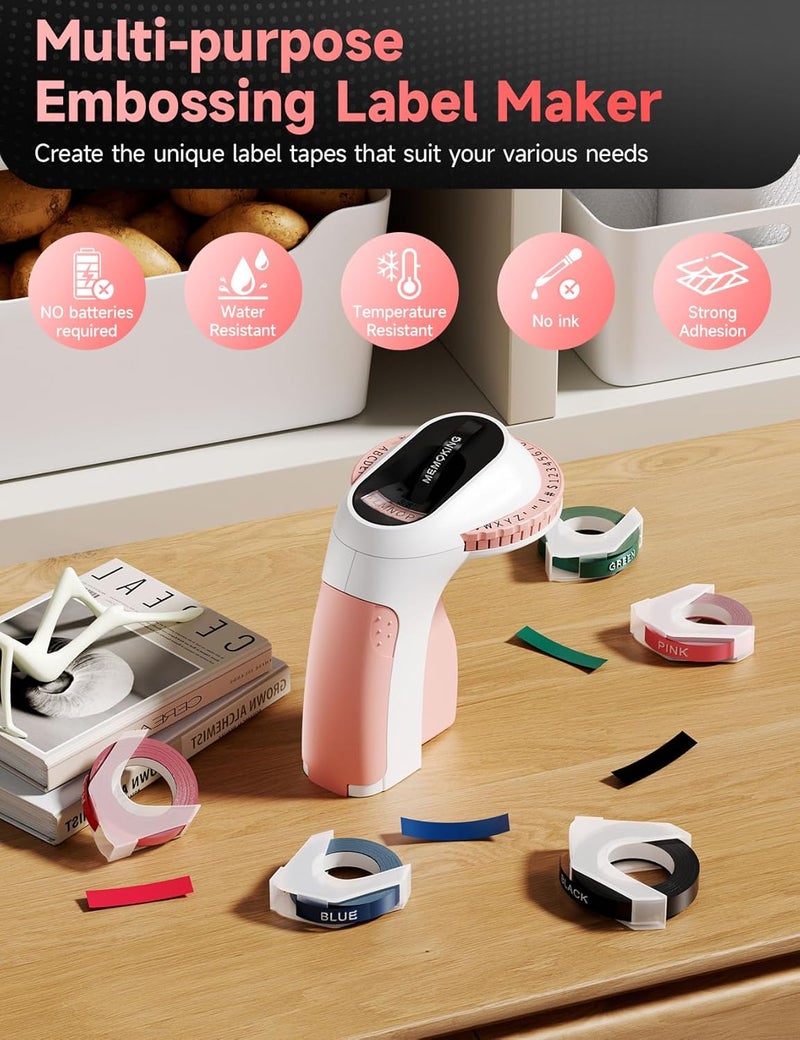 Memoking Embossed Label Maker Machine-E975 3D Embossing Label Makers with 6 Rolls Label Emboss, Handheld Vintage Embosser, Lettering Label Maker Embossing for Home, Kitchen, Gift, Organization (Pink) - Image 3