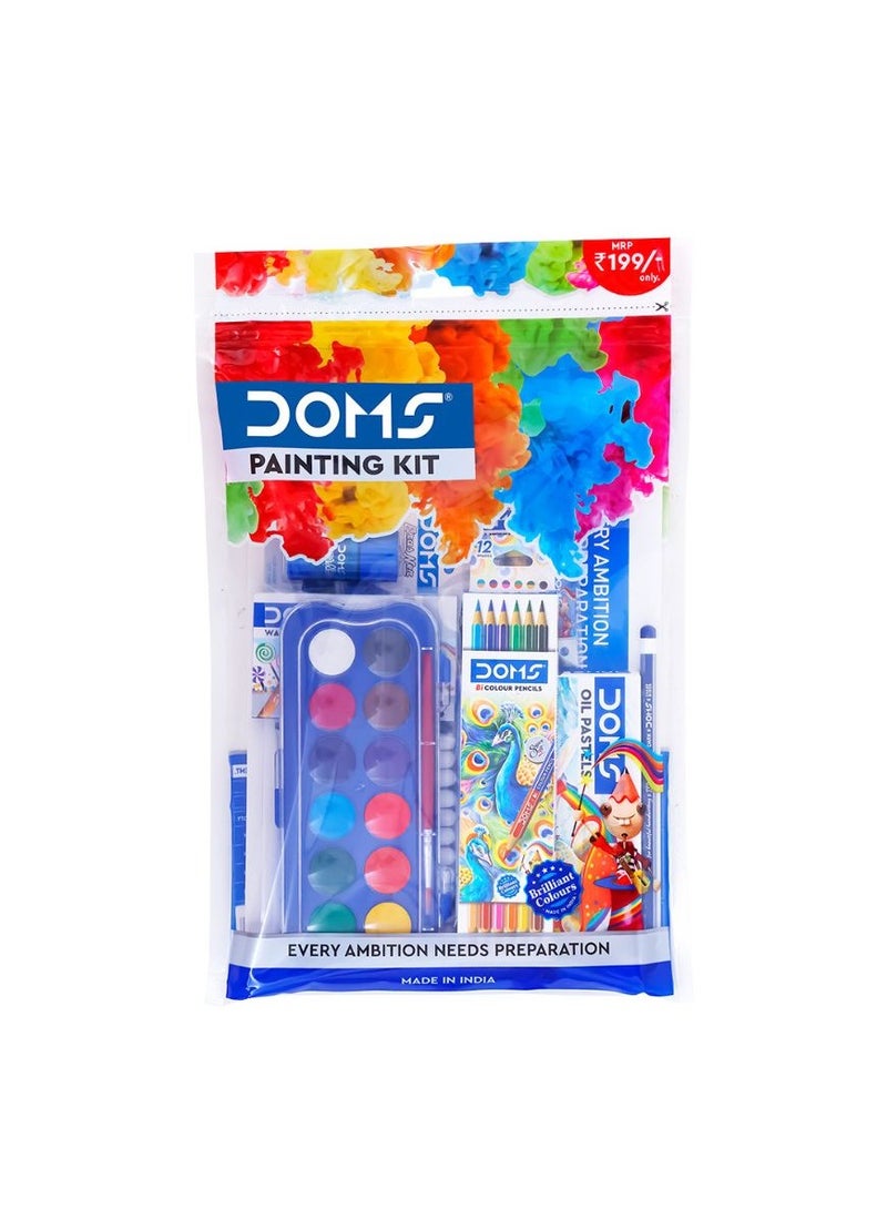 DOMS Painting Kit - 10pc Set, Drawing Book, Color Pencils, Oil Pastels, Glitter, Watercolors, Eraser, Wax Crayons, Pencil, Watercolor Pens, Sharpener