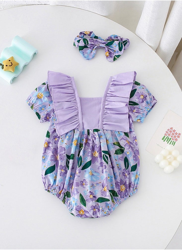 Generic Baby Girl Cotton Floral Romper with Matching Headband – Soft Short Sleeve Onesie, Newborn Baby Clothes, Summer Dress for Girls, Baby Gift Set – 73cm (3-6M)  - Image 3