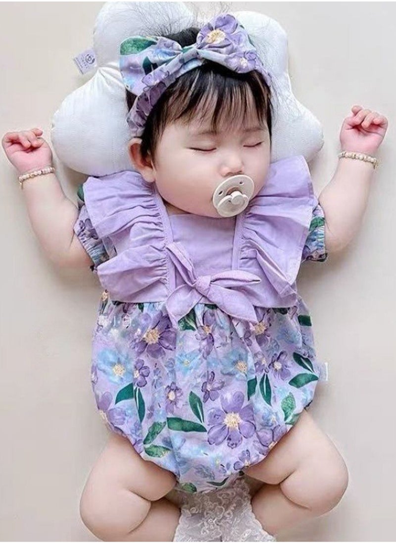 Generic Baby Girl Cotton Floral Romper with Matching Headband – Soft Short Sleeve Onesie, Newborn Baby Clothes, Summer Dress for Girls, Baby Gift Set – 73cm (3-6M)  - Image 1