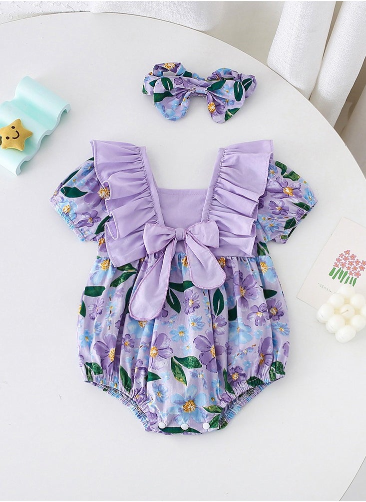 Generic Baby Girl Cotton Floral Romper with Matching Headband – Soft Short Sleeve Onesie, Newborn Baby Clothes, Summer Dress for Girls, Baby Gift Set – 73cm (3-6M)  - Image 2