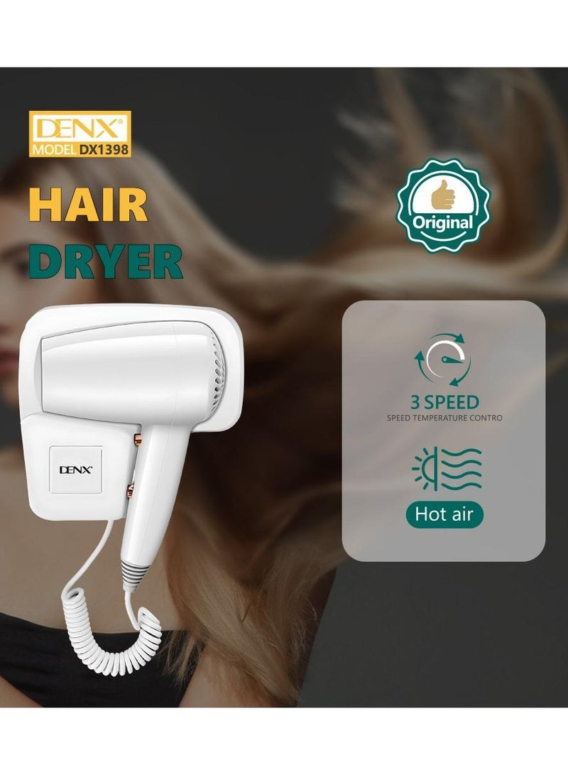 Denx Professional Wall-Mounted Hair Dryer: Compact, Lightweight, and Powerful 1250 W - No Drilling Required! Hot & Cold Settings, Automatic Shut-off, Moisture-Lock Technology, Quiet Operation - Image 2
