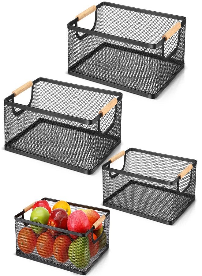 Rtteri 4 Pack Black Metal Wire Basket with Wood Handle 2 Size Metal Mesh Wire Storage Bin Basket for Pantry Snacks Storage Kitchen Organizing - Image 1