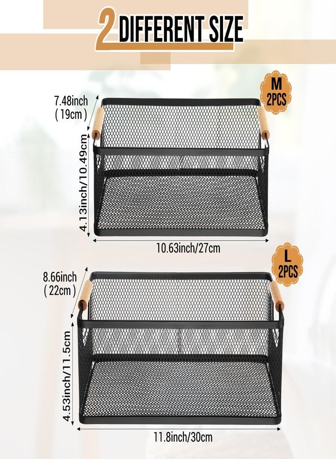 Rtteri 4 Pack Black Metal Wire Basket with Wood Handle 2 Size Metal Mesh Wire Storage Bin Basket for Pantry Snacks Storage Kitchen Organizing - Image 2
