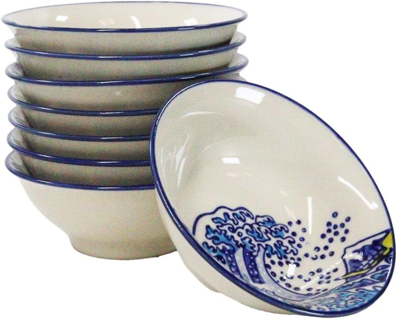 Ebros Gift Pack Of 8 White And Blue Contrast Hokusai The Great Wave Of Kanagawa With Mount Fuji Round Sauce Dishes Bowls Set 375 Diameter - Image 3
