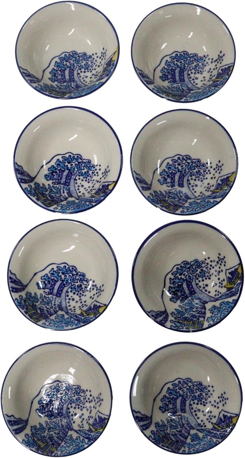 Ebros Gift Pack Of 8 White And Blue Contrast Hokusai The Great Wave Of Kanagawa With Mount Fuji Round Sauce Dishes Bowls Set 375 Diameter - Image 2