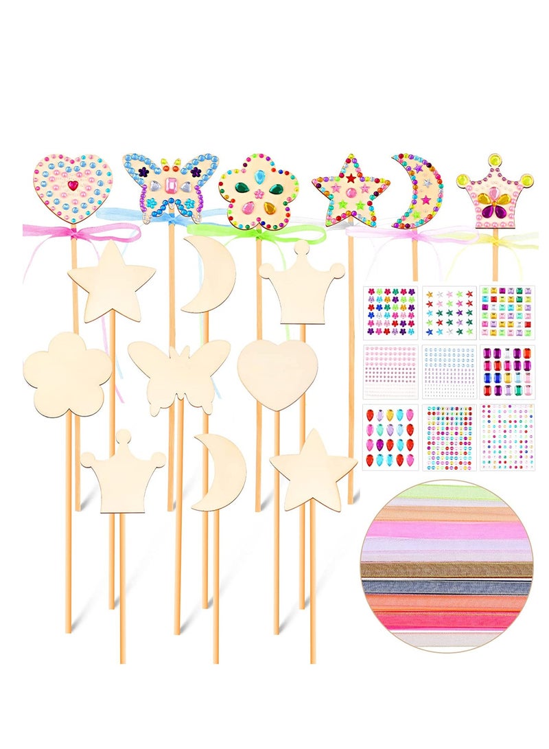 Excefore Princess Fairy Wand Kit, DIY Wooden Fairy Wands, Gem Stickers, Ribbons, Unfinished Wooden Fairy Wand Kit Crafts Moon erfly Magical Wand for Kids Make Your Own Princess Wand 28PCS - Image 1