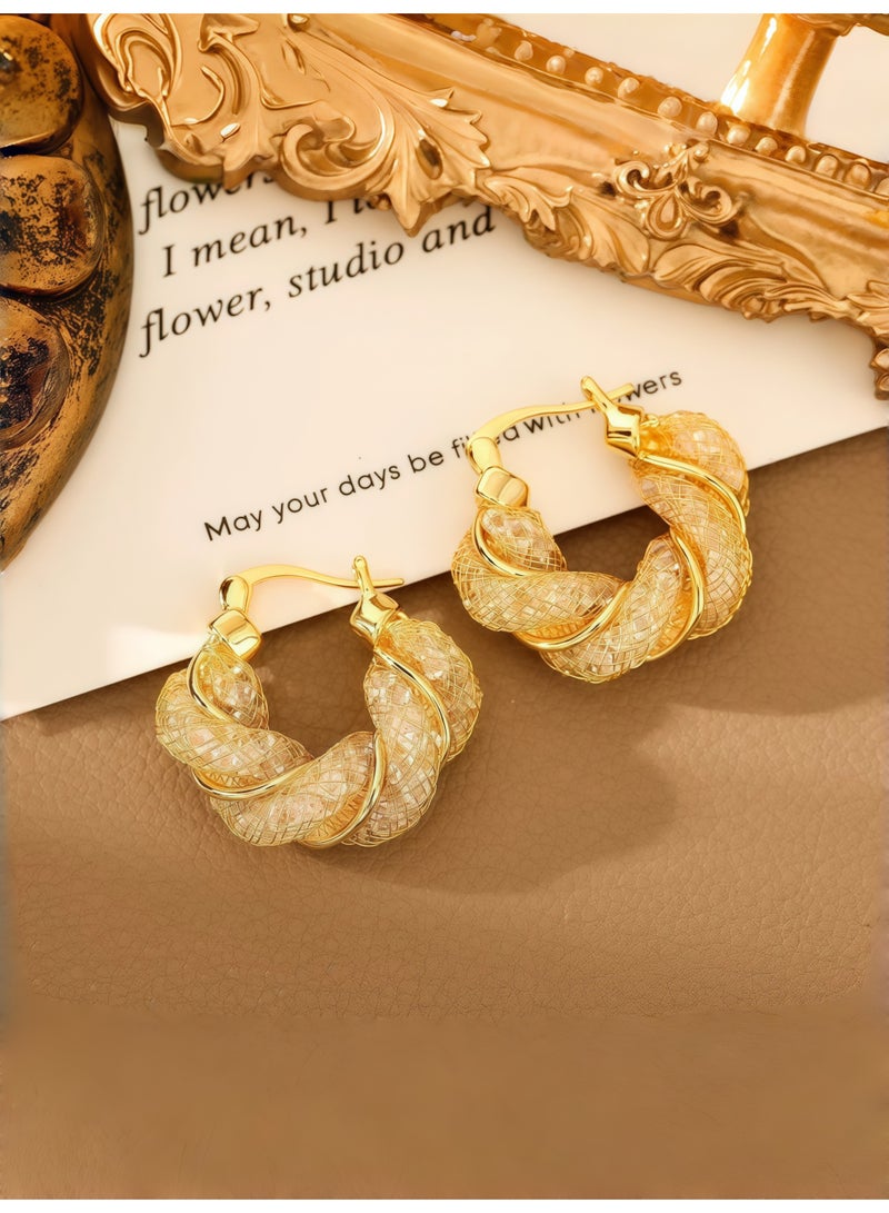 Wisalia Gold Hoop Earrings for Women, Light Gold Plated with Woven Texture & Sparkling Crystals, Elegant Hypoallergenic for Daily & Party - Image 2