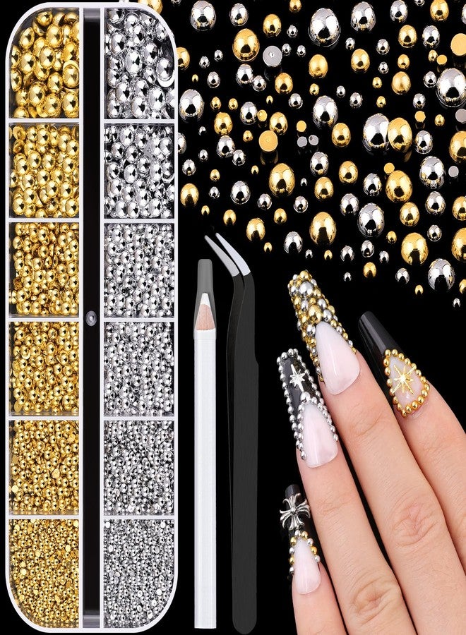 BELLEBOOST Silver and Gold Nail Charms and Gems, 1.5-5mm Half Round Flatback Nail Pearls Ball Beads for Nails with Pickup Pencil and Tweezers, Pearl Nail Charm Rhinestones for Crafting Face Hair Manicure DIY - Image 1