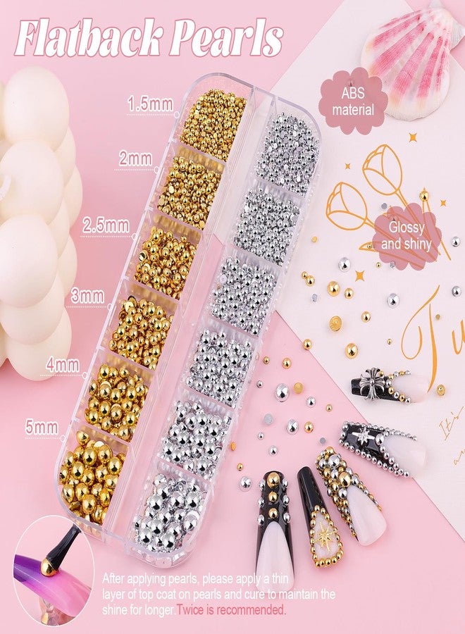 BELLEBOOST Silver and Gold Nail Charms and Gems, 1.5-5mm Half Round Flatback Nail Pearls Ball Beads for Nails with Pickup Pencil and Tweezers, Pearl Nail Charm Rhinestones for Crafting Face Hair Manicure DIY - Image 2