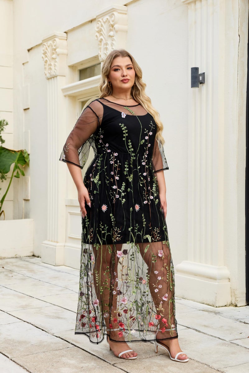 BaronHong Women's Floral Embroidered Tulle Prom Maxi Dress with Cami Dress 3/4 Sleeves(Black,XL) - Image 3