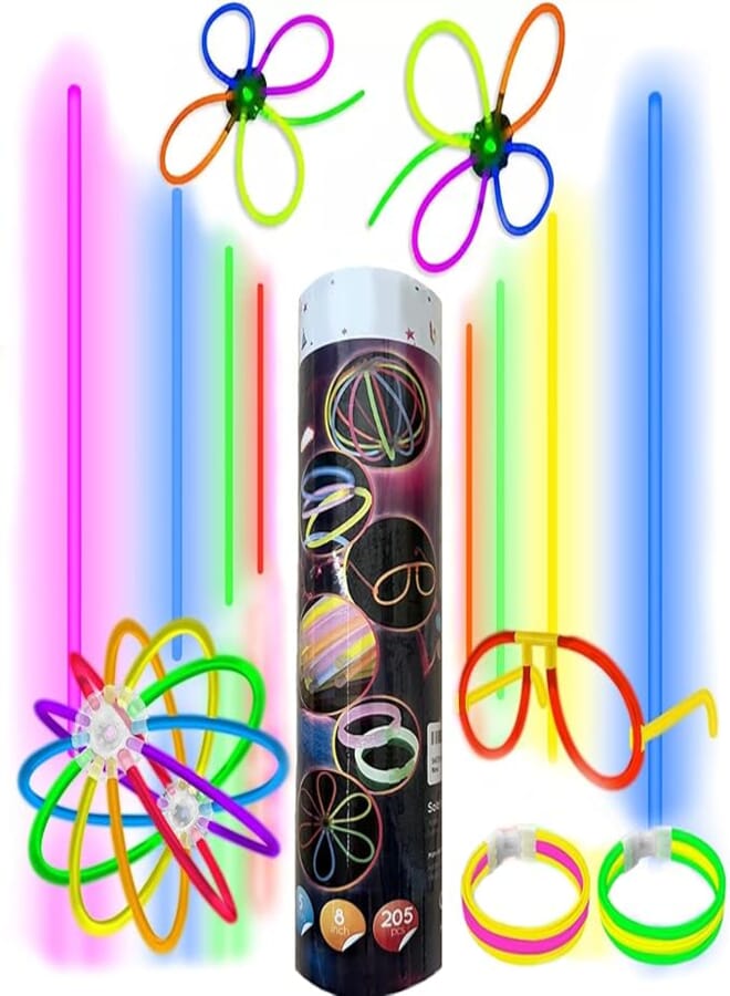 SHATCHI SHATCHI 100Pcs Glow Fun Pack-204Pcs Glowin Dark Sticks, Connectors for Bracelets and Necklaces Balls Flowers Rave Accessories Halloween Party Bag Fillers Disco Props, Multi Colour 