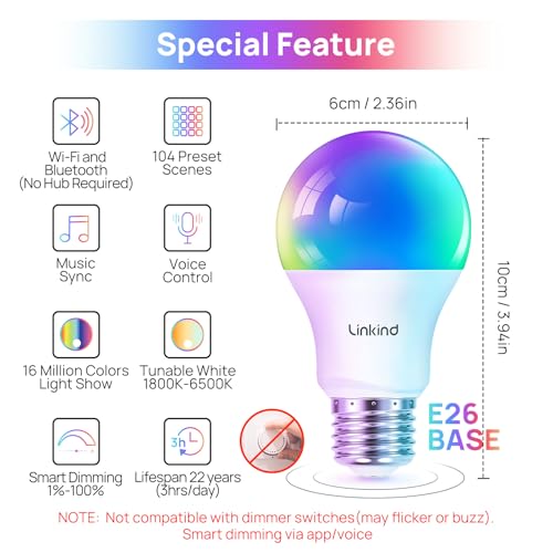 Linkind Smart Light Bulbs, Smart Bulb That Work with Alexa & Google Home, LED Light Color Changing, A19 E26 WiFi Light Bulb Dimmable, RGBTW Alexa Bulb No Hub Needed 800 Lumen, 2.4Ghz WiFi, 6 Pack - Image 2
