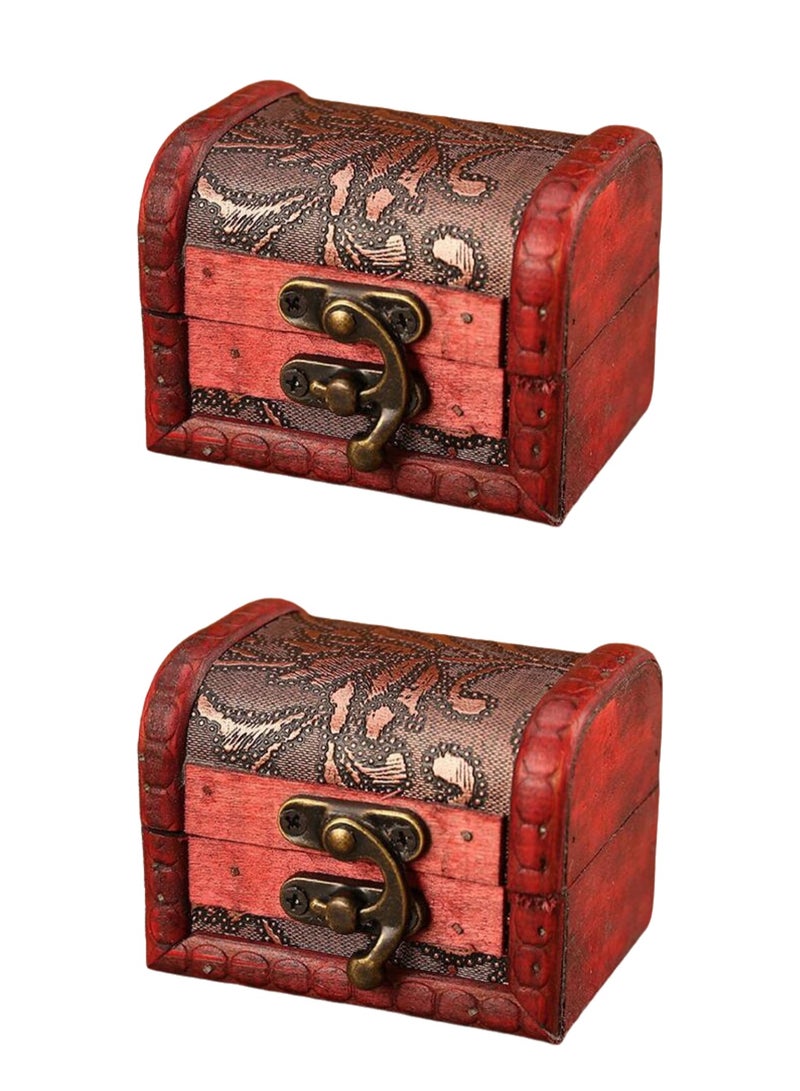 2 Pack Vintage Small Jewelry Box, 3-inch Handmade Wooden Storage Box, Treasure Storage Box Gift Box with Metal Lock (Grass Flowers) - Image 1