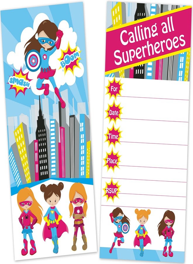 أولد بلو دور إنفايتس بطاقات دعوة لحفلة عيد ميلاد للبنات بتصميم أبطال خارقين من أولد بلو دور إنفيتس (12 بطاقة مع أظرف) - مقاس كبير 4 × 9 بوصات - Image 1