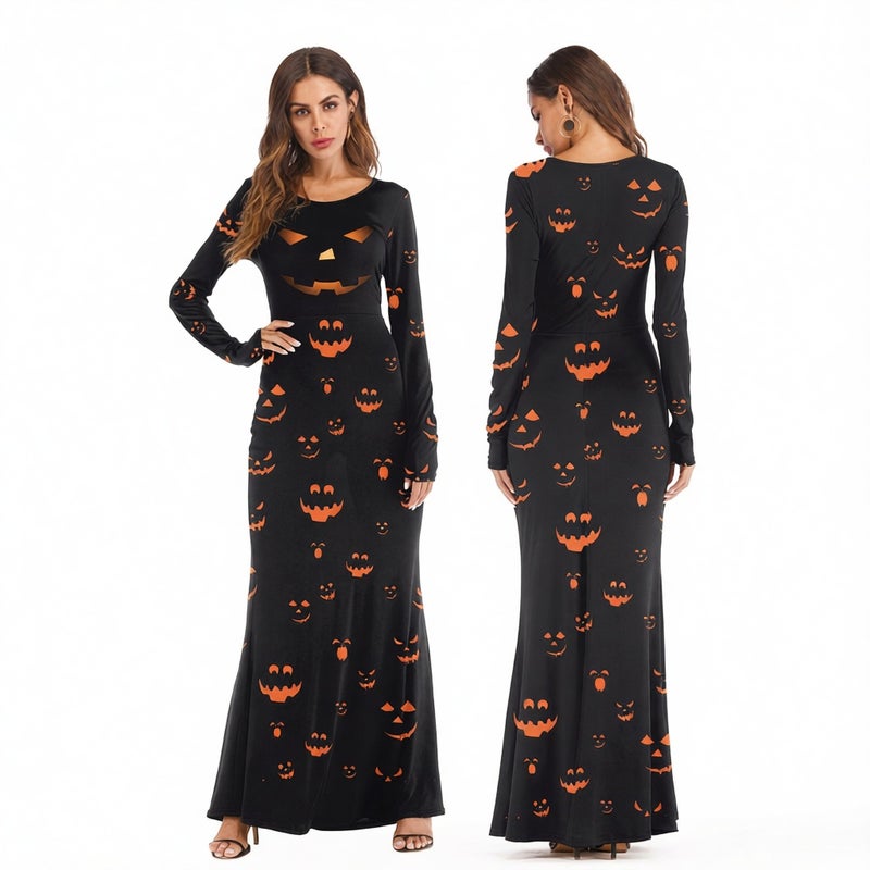 Women's Long Sleeve Round Neck Pumpkin Digital Print Dress