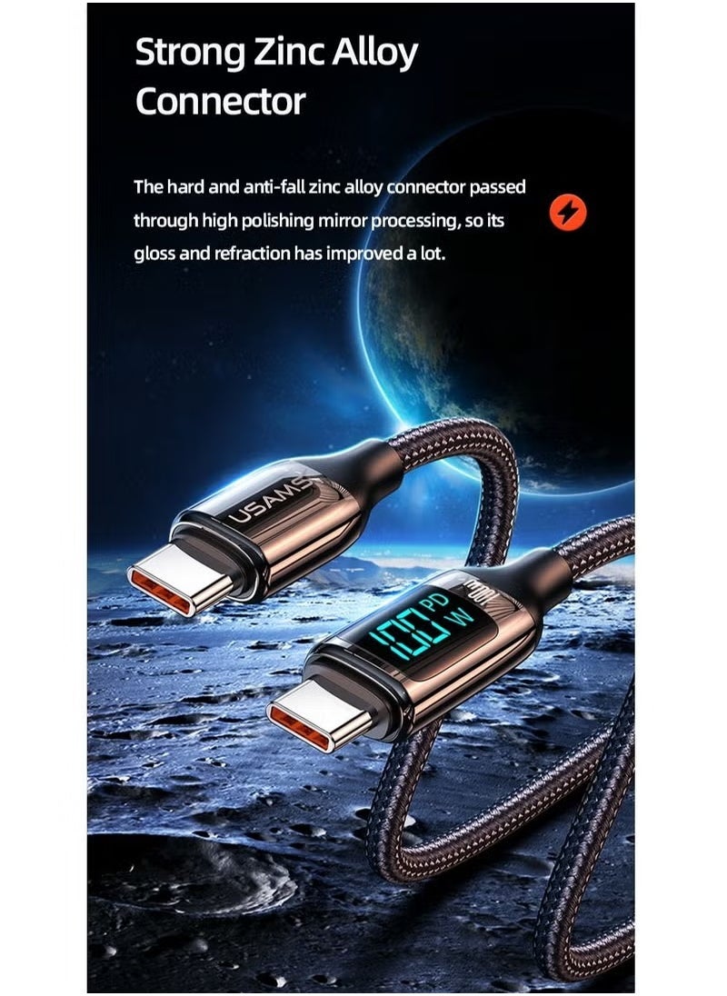 Usams 100W USB-C PD Fast Charging & Data Cable with Digital Display – 2 Meters Braided Cord with Zinc Alloy Plug – Compatible with iPhone, iPad, MacBook and Other USB-C Devices – Durable, Tangle-Free, High-Speed Charging and Data Transfer Cable - Image 2