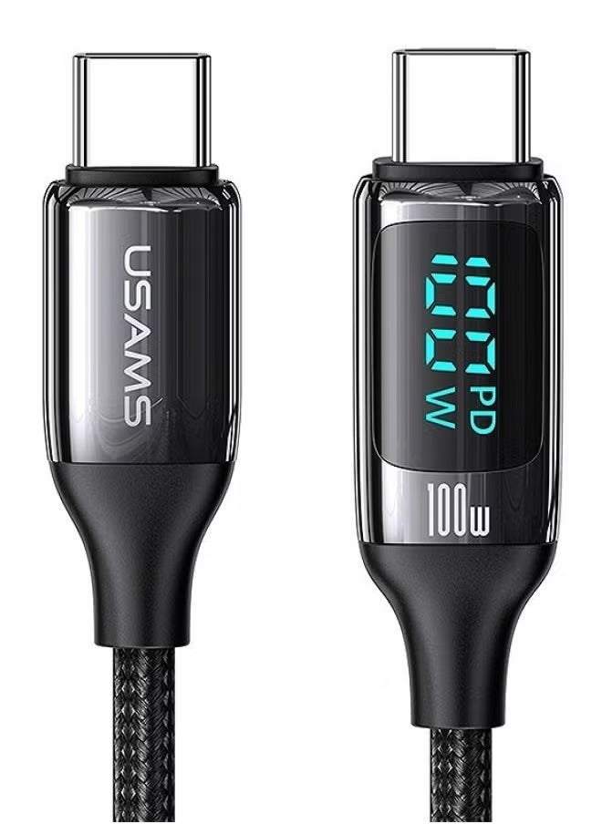 Usams 100W USB-C PD Fast Charging & Data Cable with Digital Display – 2 Meters Braided Cord with Zinc Alloy Plug – Compatible with iPhone, iPad, MacBook and Other USB-C Devices – Durable, Tangle-Free, High-Speed Charging and Data Transfer Cable - Image 1