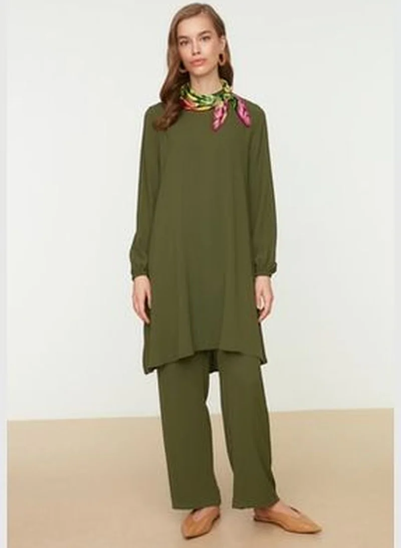 trendyol Khaki Elastic Sleeves, Wide Legs Aerobin Tunic-Pants Weave Suit TCTSS22US0023