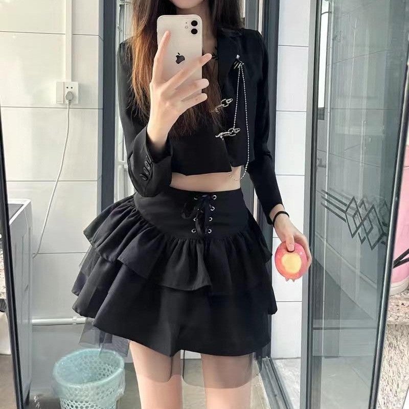 Millennial Girl Lace-Up Puffy Skirt Women'S Dark High Waist Short Slim Cake Skirt - Image 1