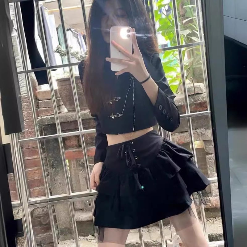 Millennial Girl Lace-Up Puffy Skirt Women'S Dark High Waist Short Slim Cake Skirt - Image 3