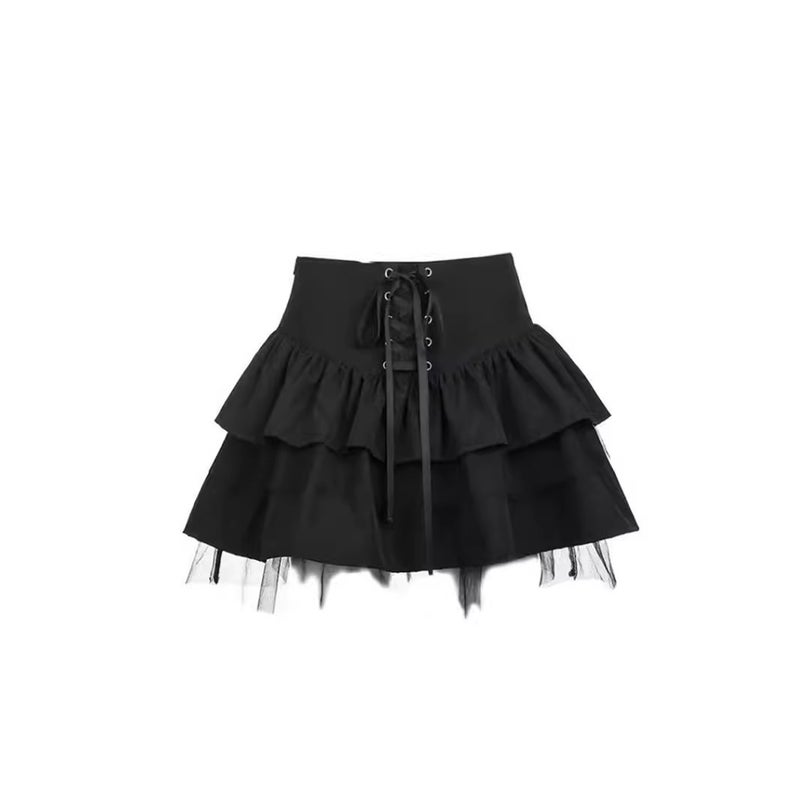 Millennial Girl Lace-Up Puffy Skirt Women'S Dark High Waist Short Slim Cake Skirt - Image 4