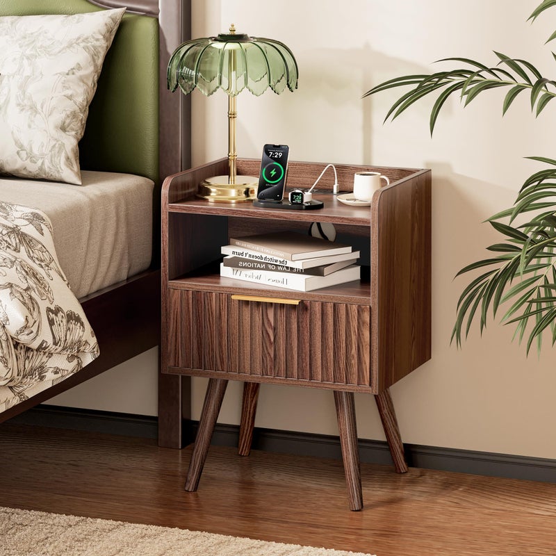 Huuger Nightstand with Charging Station, USB-C Port, Fluted Night Stand with Drawer, Bed Side Table with Solid Wood Feet, Open Storage, End Table with Raised Edge, for Bedroom, Walnut - Image 1
