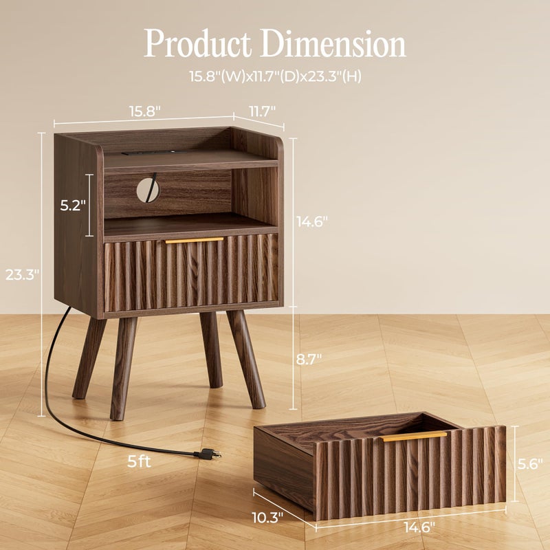 Huuger Nightstand with Charging Station, USB-C Port, Fluted Night Stand with Drawer, Bed Side Table with Solid Wood Feet, Open Storage, End Table with Raised Edge, for Bedroom, Walnut - Image 2