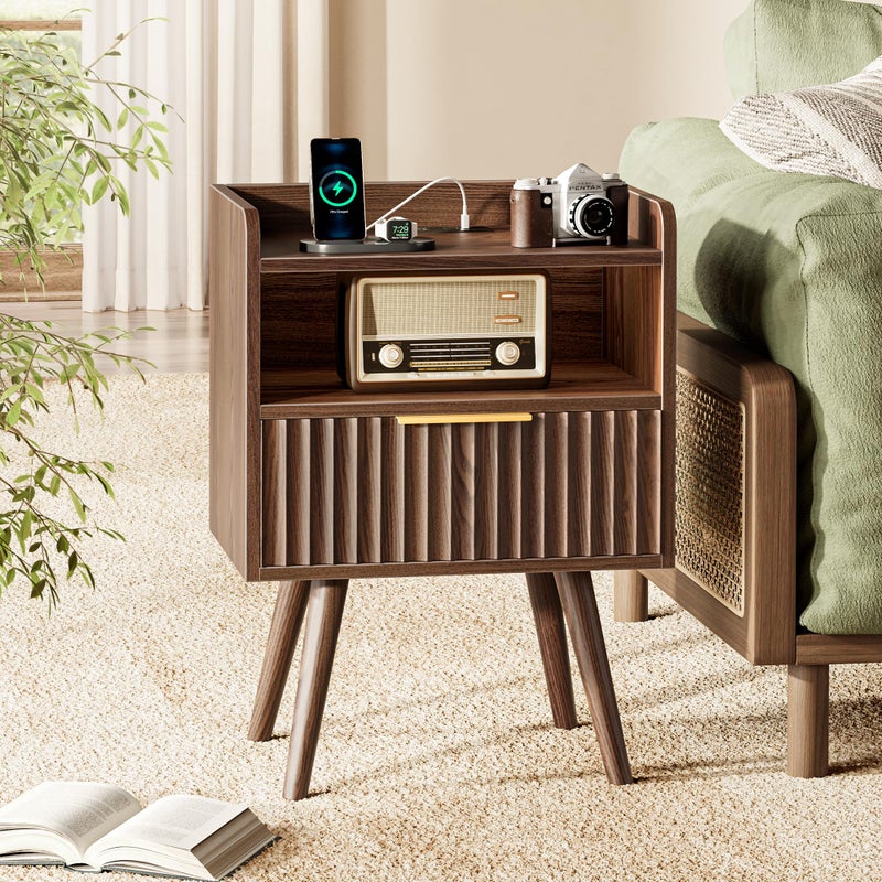 Huuger Nightstand with Charging Station, USB-C Port, Fluted Night Stand with Drawer, Bed Side Table with Solid Wood Feet, Open Storage, End Table with Raised Edge, for Bedroom, Walnut - Image 4
