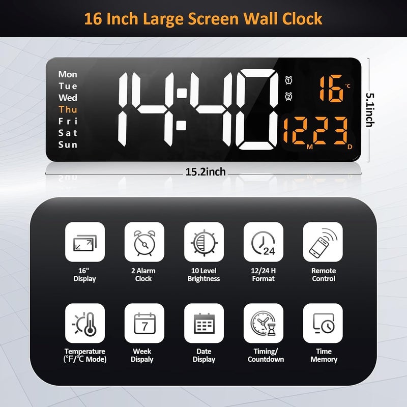 SEVENSPACE Digital Alarm Clock Wall Table Clock Large Display162 Inch Large LED Digital Clock with Remote ControlAutomatic Brightness Dimmer Big Clock with Date Week Temperature