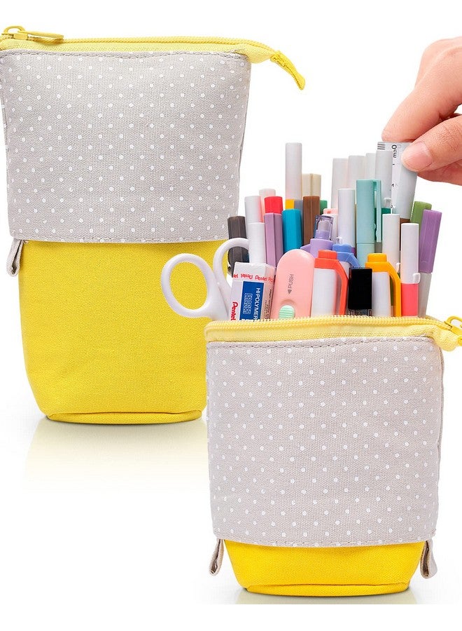 Sooez Pop Up Pencil Case Cute Stand Up Pencil Pouch Portable Pen Pouch Telescopic Pencil Holder Kawaii Standing Pencil Bag Spacious Pencil Pouch For School Office Supplies (Yellow) - Image 1