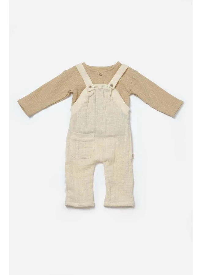Magu Unisex Baby Cotton Beige Muslin Romper Set with Long-Sleeved Inner Bodysuit.