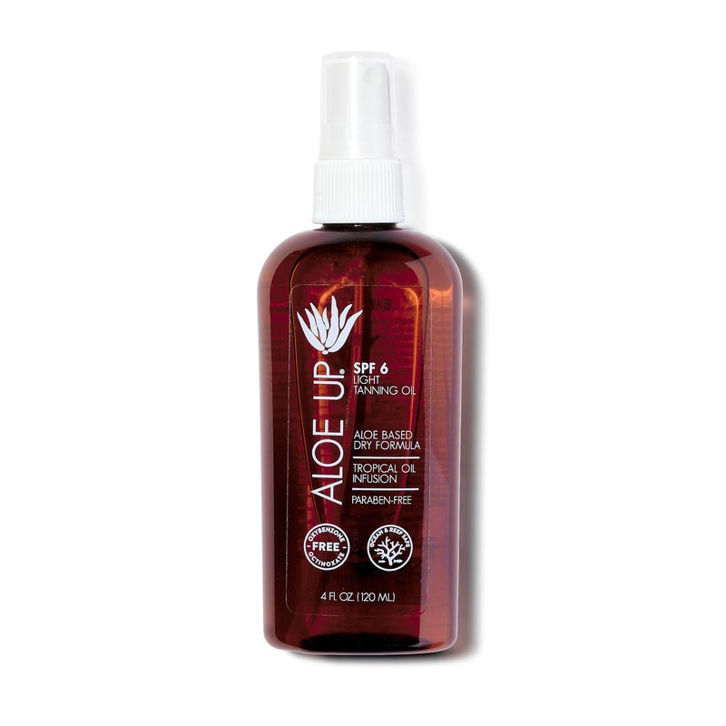 Aloe Up Light Tanning Oil With SPF 6 Sunscreen  Body and Face Tanning Oil for Outdoor Sun  With Pure Aloe Vera Oil and Natural Oils  Absorbs Quickly  Reef Friendly  Fresh Tropical Scent  4 Oz