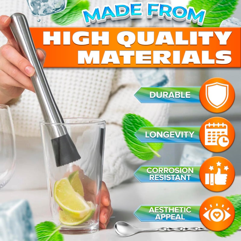 LAGARTO Stainless Steel Stir Spoon Muddler for Cocktails Set - Muddler Old Fashioned Cocktail Kit Ice Crusher Bar Spoon Cocktail Mixing Spoon - Fruit Crusher Mojito Mix Cocktail Shaker Coffee Bar Accessories - Image 3