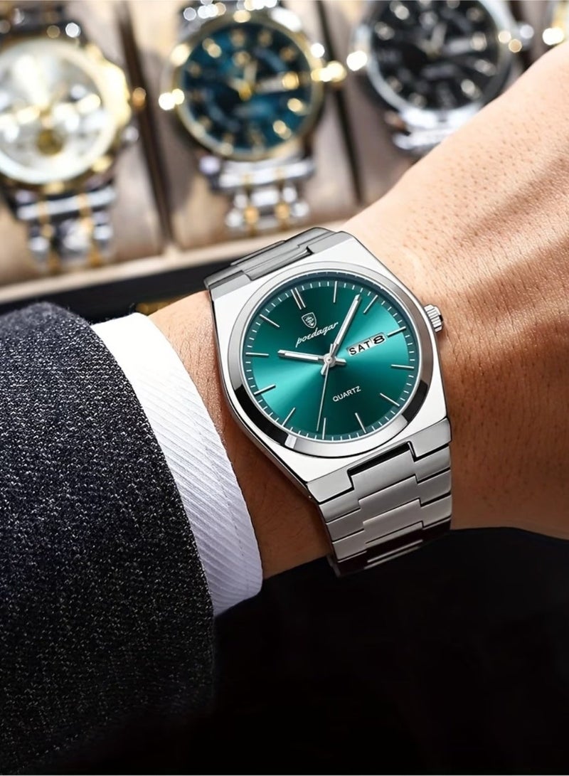 پوداجار ساعة فاخرة للرجال، مقاومة للماء، مضيئة، تعرض التاريخ والأسبوع، مصنوعة من الفولاذ المقاوم للصدأ، بتصميم كلاسيكي أنيق، ساعة رجالية كاجوال، تعمل بحركة كوارتز. - Image 2