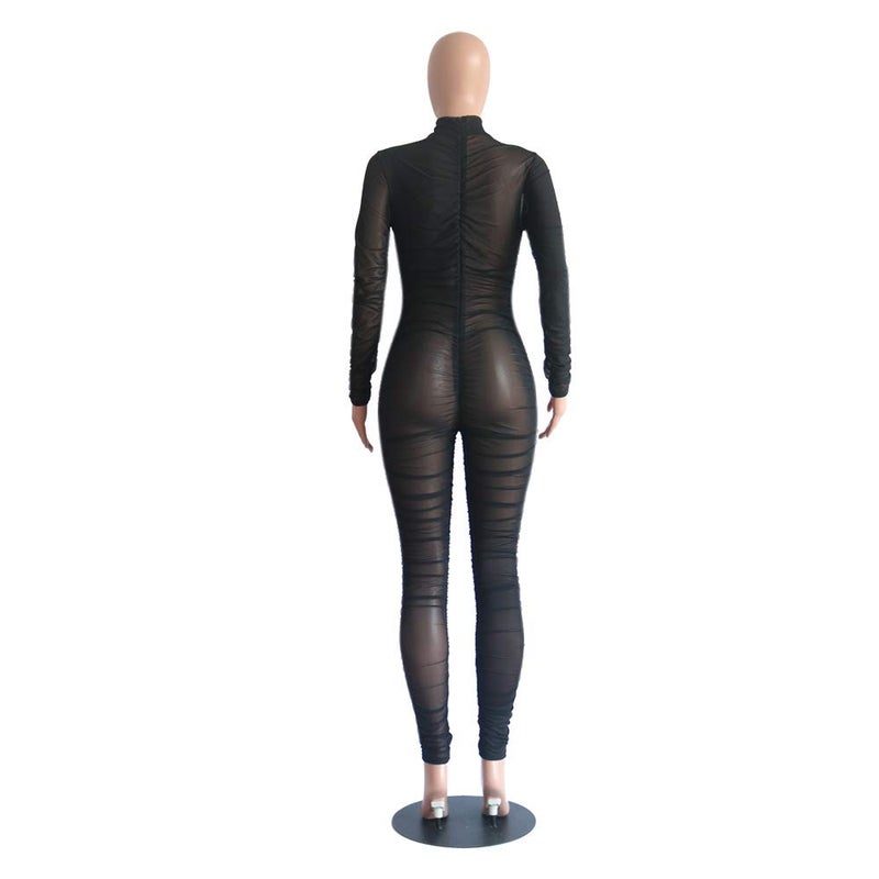 Uni Clau Women One Piece Outfits Mesh Sheer Bodycon Jumpsuit Long Sleeve See Through Party Jumpsuits Black M - Image 5