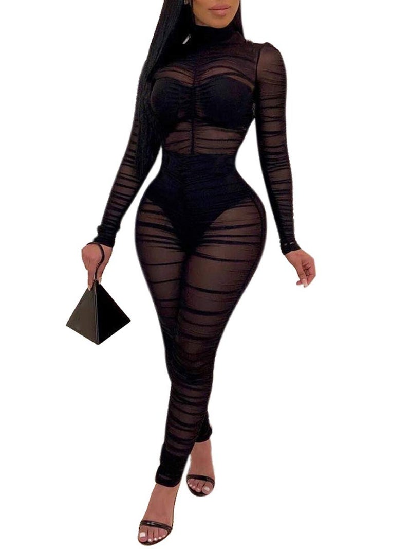 Uni Clau Women One Piece Outfits Mesh Sheer Bodycon Jumpsuit Long Sleeve See Through Party Jumpsuits Black M - Image 1