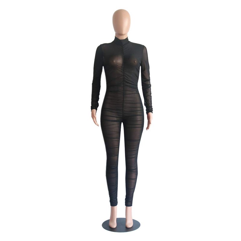 Uni Clau Women One Piece Outfits Mesh Sheer Bodycon Jumpsuit Long Sleeve See Through Party Jumpsuits Black M - Image 3