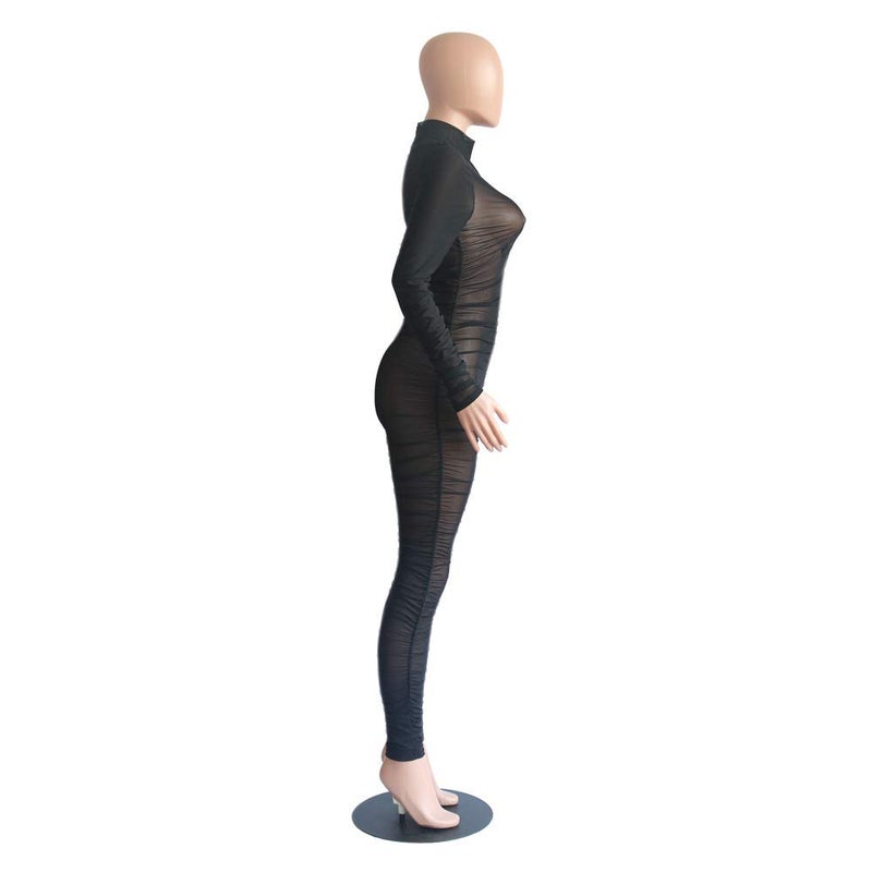 Uni Clau Women One Piece Outfits Mesh Sheer Bodycon Jumpsuit Long Sleeve See Through Party Jumpsuits Black M - Image 4