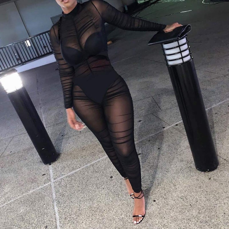 Uni Clau Women One Piece Outfits Mesh Sheer Bodycon Jumpsuit Long Sleeve See Through Party Jumpsuits Black M - Image 2