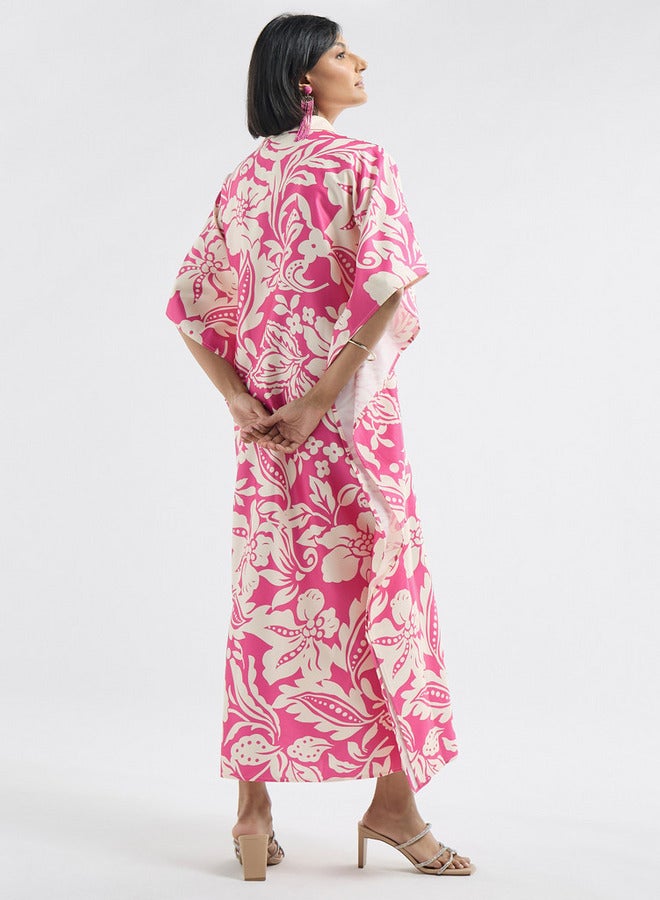 سبلاش فيڤ فستان قفطان بياقة وطبعات أزهار - Image 3