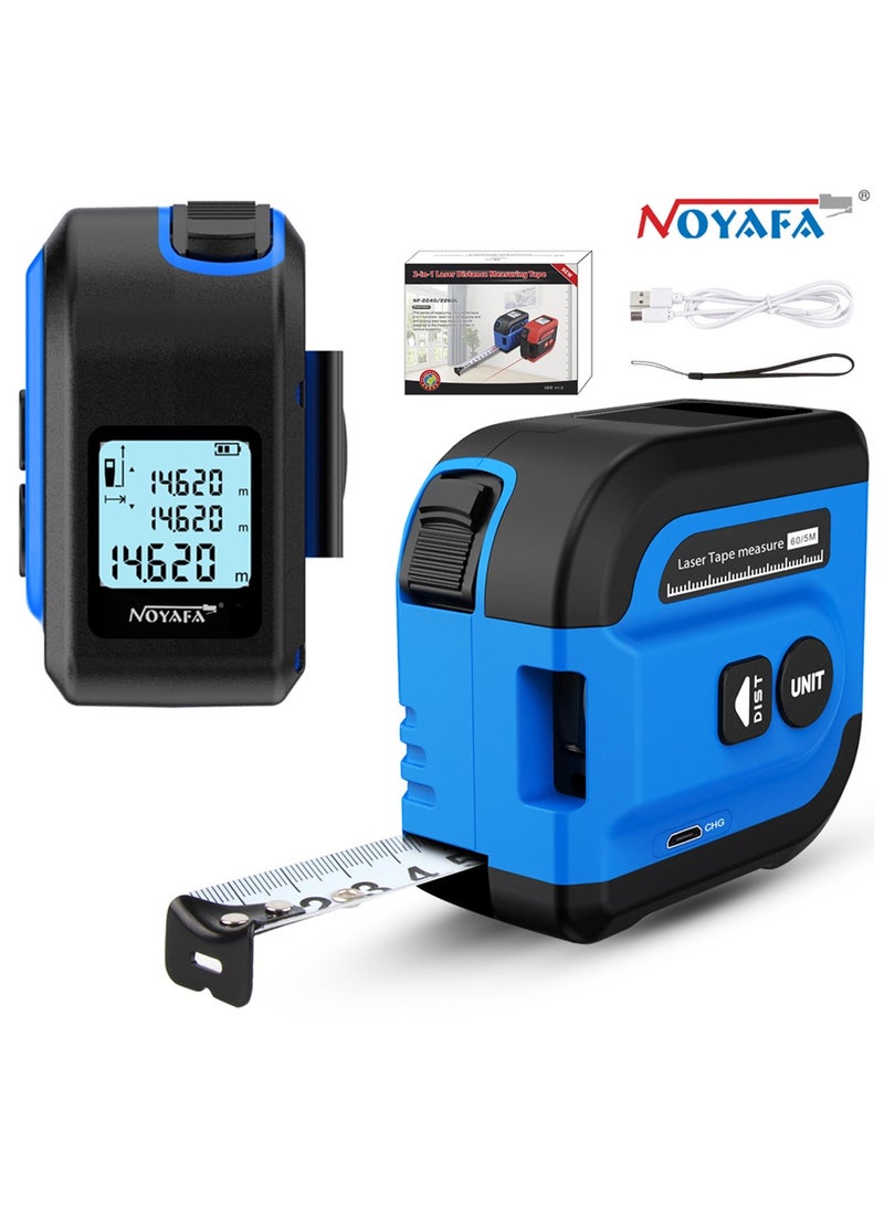 NOYAFA 2 in 1 Digital Laser Tape Measure, 197Ft/60M Laser Measurement & 16Ft/5M Measuring Tape with AutoLock and Audio Prompt, Measuring Area Volume, M/in/Ft Unit, Laser Distance Meter with LCD Display - Image 1
