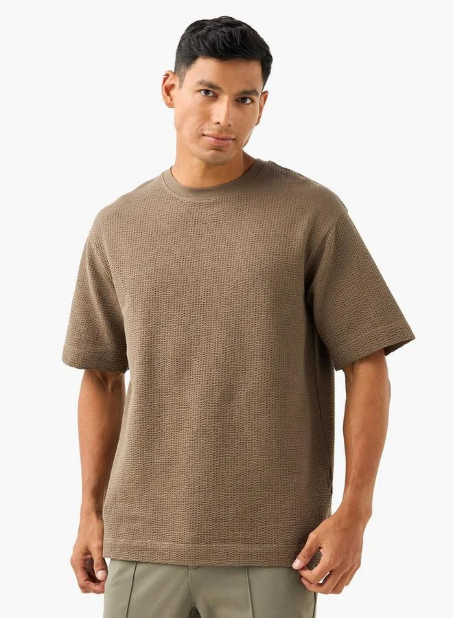 Iconic Iconic Waffle Textured T-shirt with Crew Neck and Short Sleeves