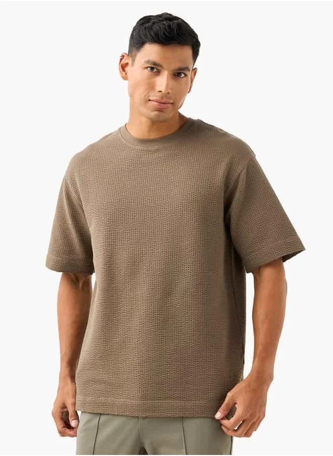 ايكونيك Iconic Waffle Textured T-shirt with Crew Neck and Short Sleeves