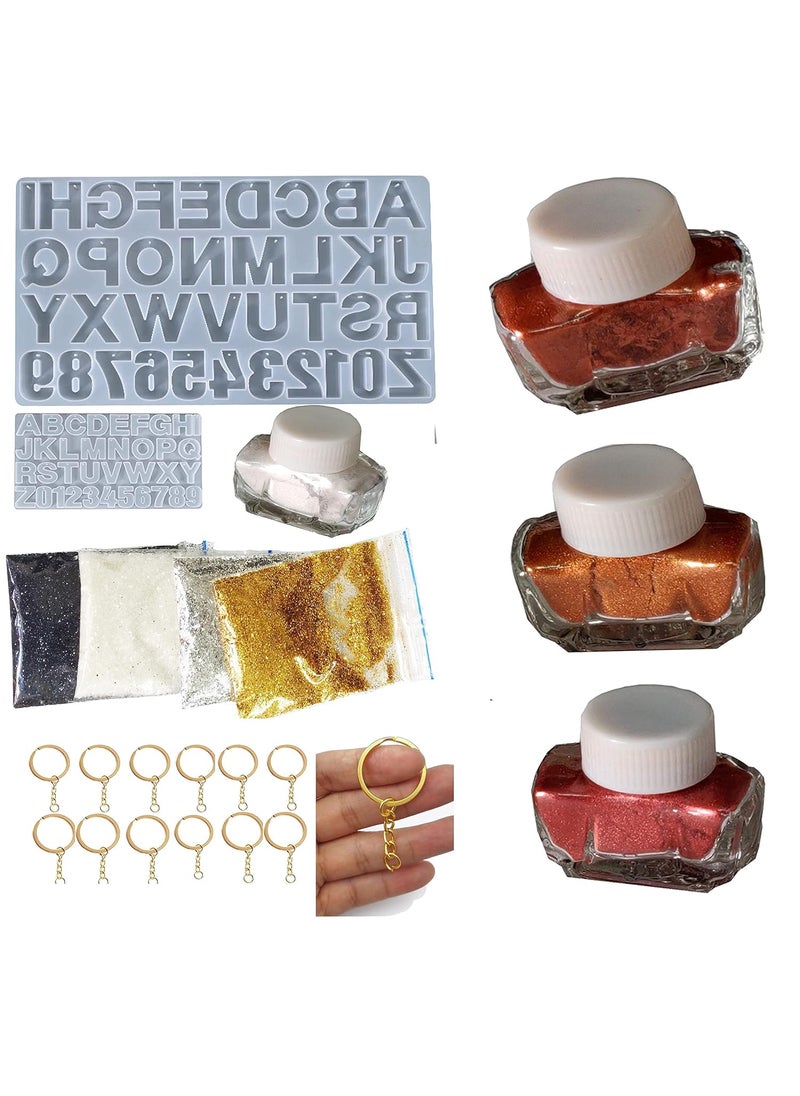 Snoogg - SNOOGG Alphabet Resin Casting Mold, Letter and Numbers DIY Key Chain, Pendant, Jewelry Making Molds for Resin. with Built in Hole Enabler with Keychain and 4 Metalic Pigment and 4 Glitter - Image 1